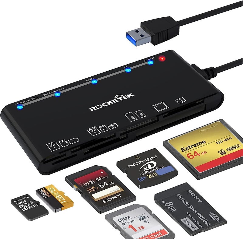 Rocketek USB 3.0 Card Reader, 7 in 1 Memory Card Reader, USB 3.0 (5Gbps) High Speed CF/SD/TF/XD/MS/Micro SD Card Reader All in One for Windows XP/Vista/Mac OS/Linux, - Image 1